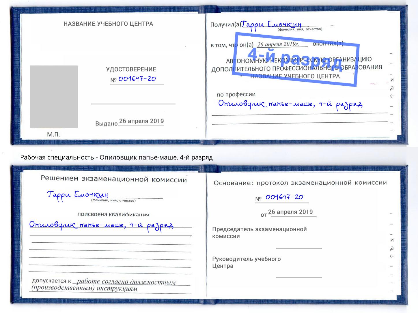 корочка 4-й разряд Опиловщик папье-маше Петрозаводск