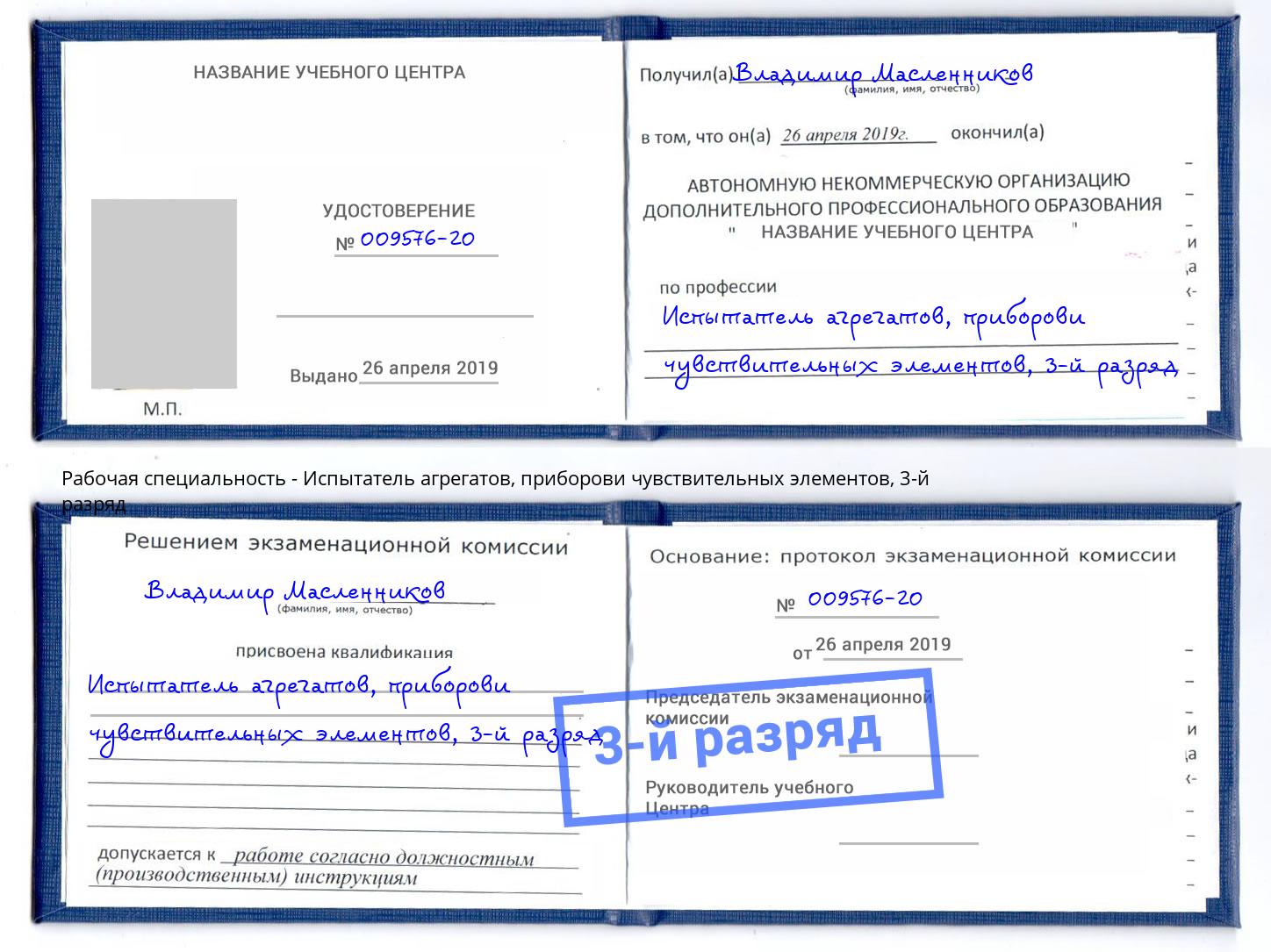 корочка 3-й разряд Испытатель агрегатов, приборови чувствительных элементов Петрозаводск