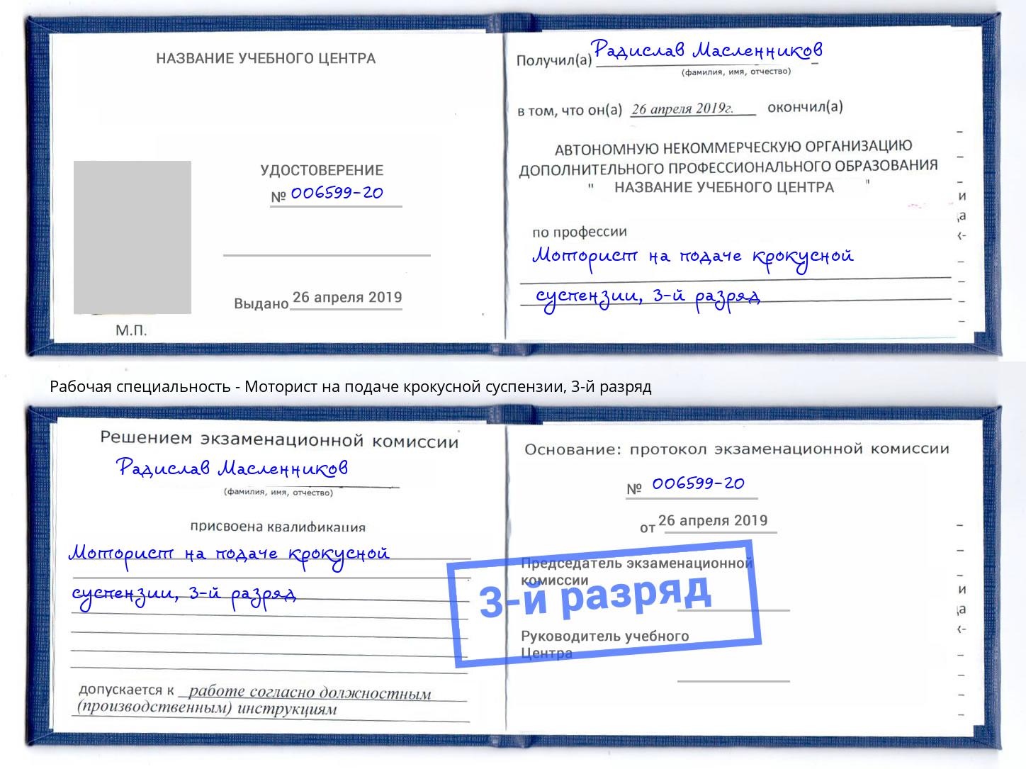 корочка 3-й разряд Моторист на подаче крокусной суспензии Петрозаводск