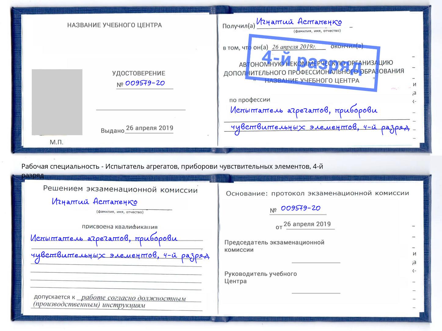 корочка 4-й разряд Испытатель агрегатов, приборови чувствительных элементов Петрозаводск