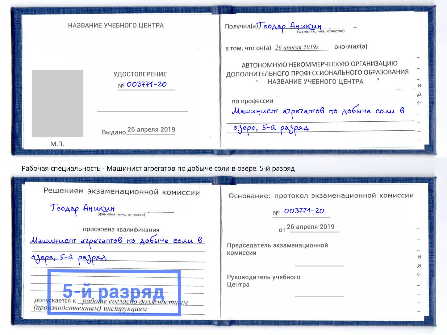 корочка 5-й разряд Машинист агрегатов по добыче соли в озере Петрозаводск