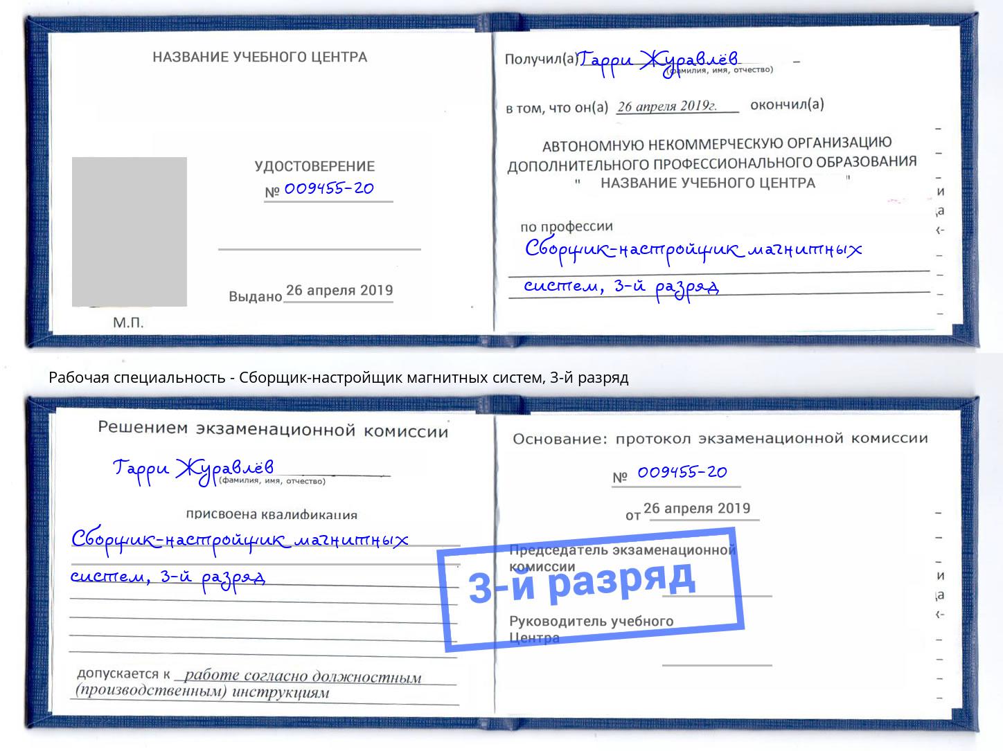 корочка 3-й разряд Сборщик-настройщик магнитных систем Петрозаводск