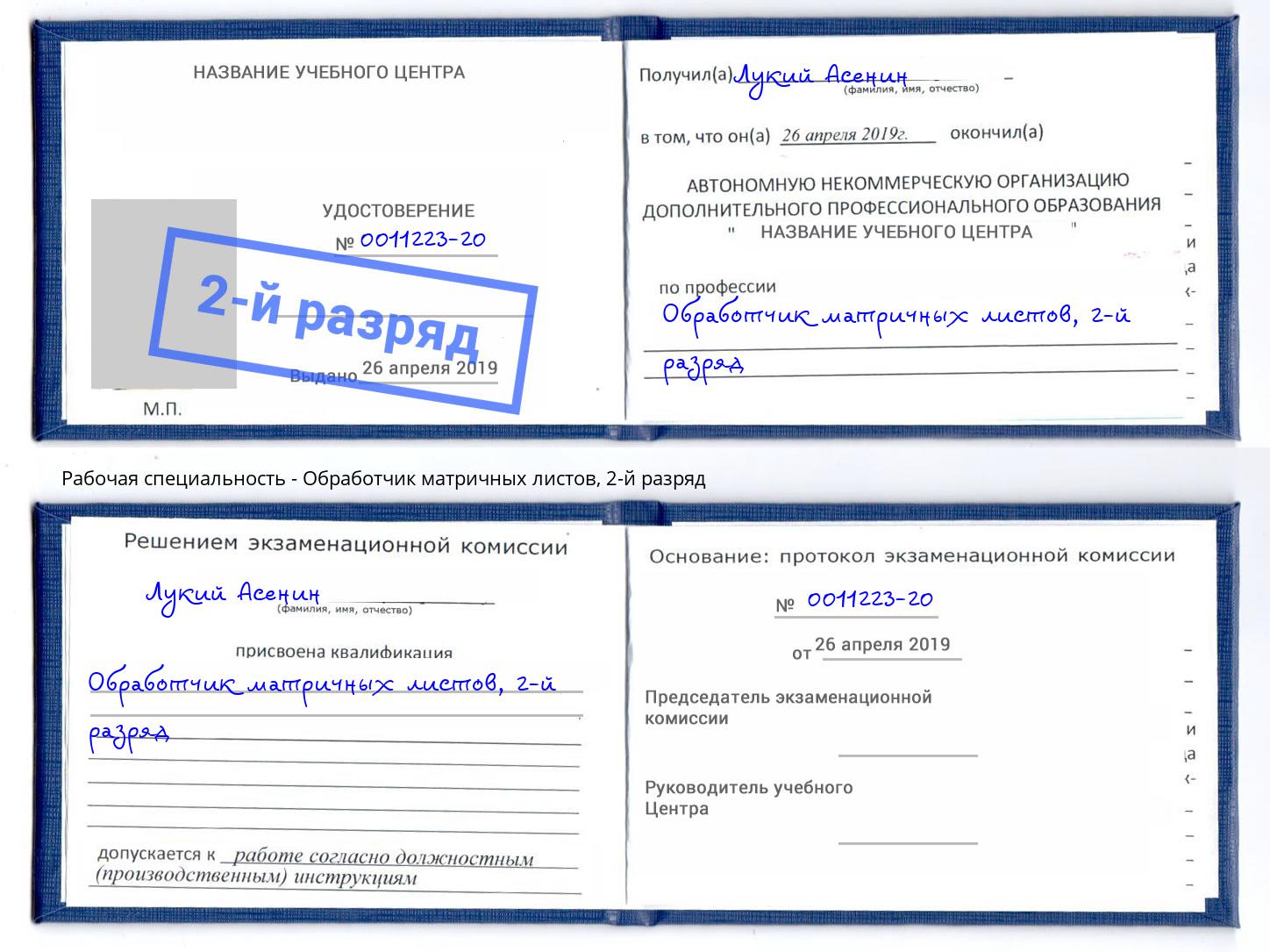 корочка 2-й разряд Обработчик матричных листов Петрозаводск